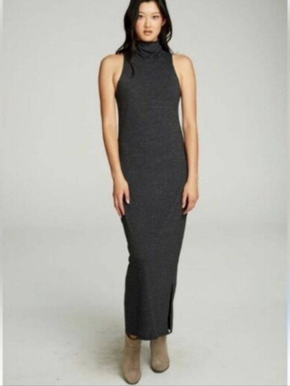 Fleur Bleue Mock Turtle Neck Tank Maxi Sweater Dress Side Slits Heather Blue XS